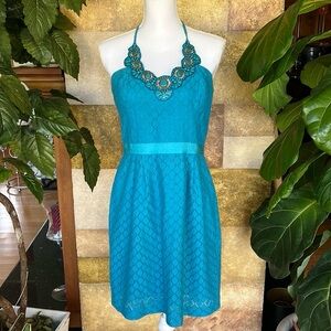 Trina Turk Women’s Embellished Beaded Halter Turquoise Backless Lace Sundress